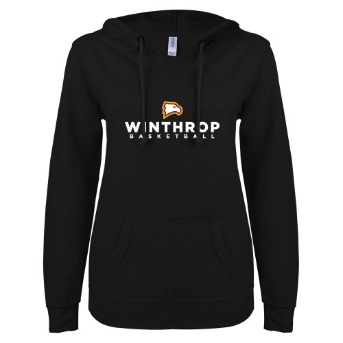  ENZA Womens Black V Notch Raw Edge Fleece Hoodie - WU Basketball