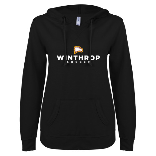  ENZA Womens Black V Notch Raw Edge Fleece Hoodie - WU Soccer