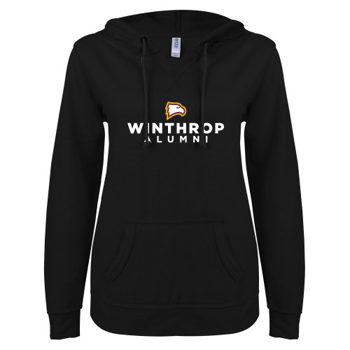  ENZA Womens Black V Notch Raw Edge Fleece Hoodie - WU Alumni
