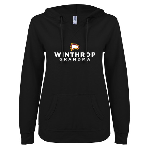 ENZA Womens Black V Notch Raw Edge Fleece Hoodie - WU Grandma