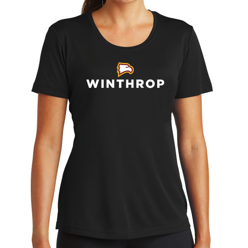  Womens Black Performance Tee - Athletic Wordmark Stacked