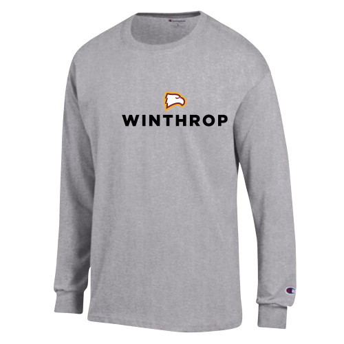  Champion Oxford Grey Long Sleeve T Shirt - Athletic Wordmark Stacked