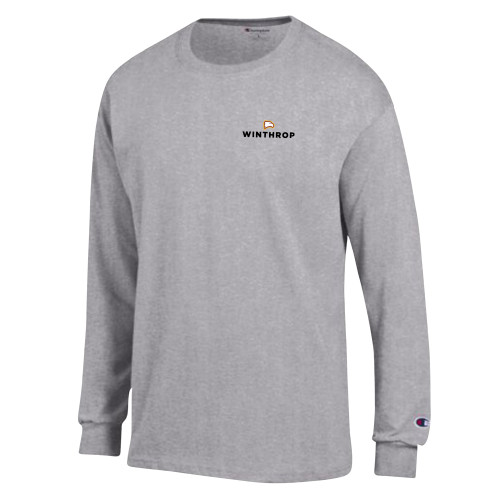  Champion Oxford Grey Long Sleeve T Shirt - Athletic Wordmark Stacked