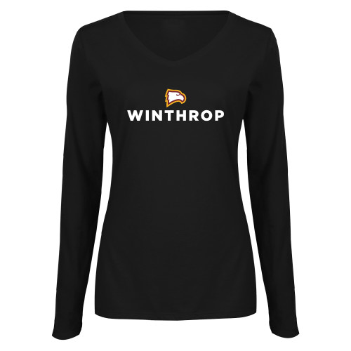  Womens Black Long Sleeve V Neck Tee  - Athletic Wordmark Stacked