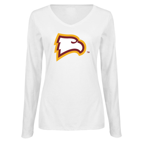  Womens White Long Sleeve V Neck Tee - Primary Mark