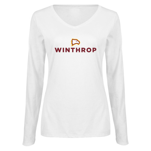  Womens White Long Sleeve V Neck Tee - Athletic Wordmark Stacked