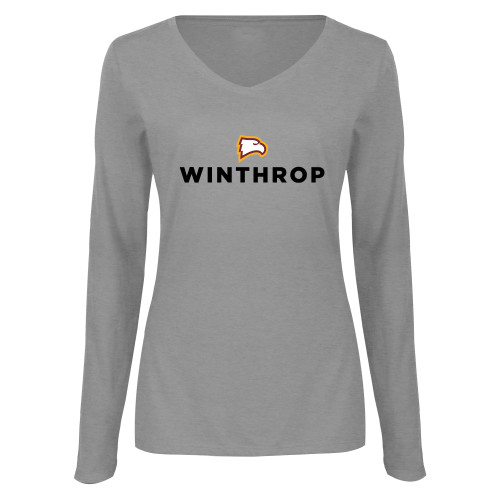 Womens Grey Long Sleeve V Neck Tee  - Athletic Wordmark Stacked