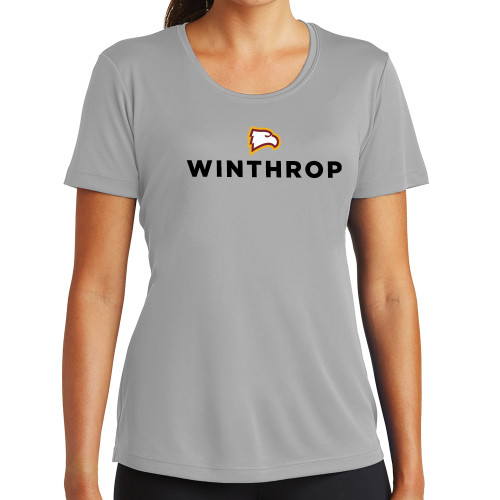  Womens Grey Performance Short Sleeve Tee - Athletic Wordmark Stacked