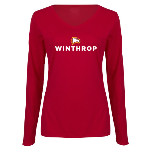  Womens Cardinal Long Sleeve V Neck Tee  - Athletic Wordmark Stacked