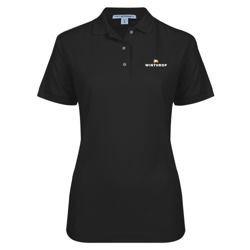  Womens Silk Touch Black Pique Polo - Athletic Wordmark Stacked