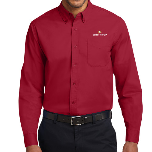  Twill Button Down Long Sleeve Cardinal - Athletic Wordmark Stacked