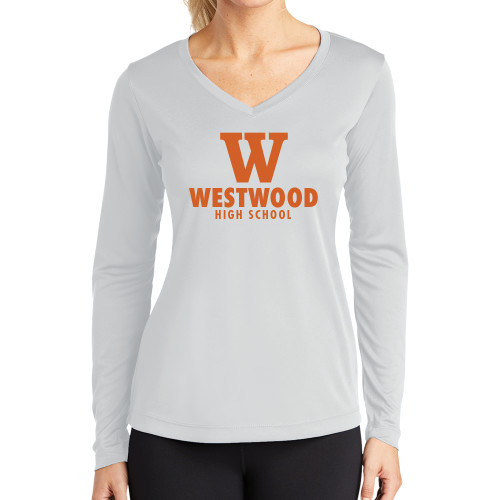 Womens White Performance Long Sleeve V Neck Shirt - W Westwood High School Stacked