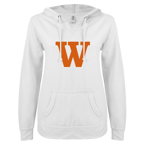  ENZA Womens White V Notch Raw Edge Fleece Hoodie - W