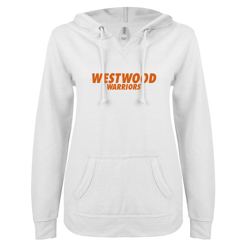  ENZA Womens White V Notch Raw Edge Fleece Hoodie - Westwood Warriors