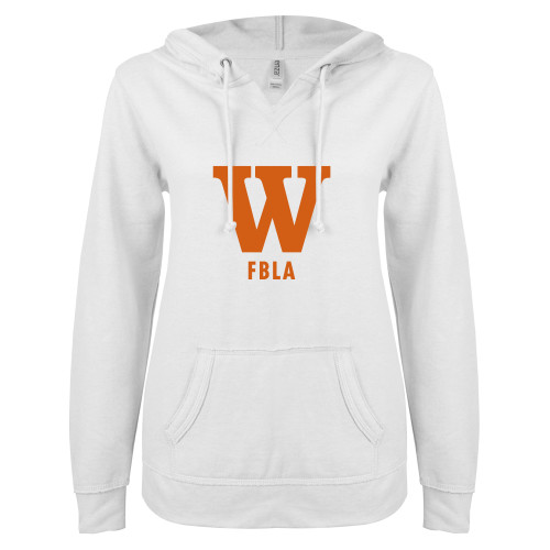  ENZA Womens White V Notch Raw Edge Fleece Hoodie - FBLA