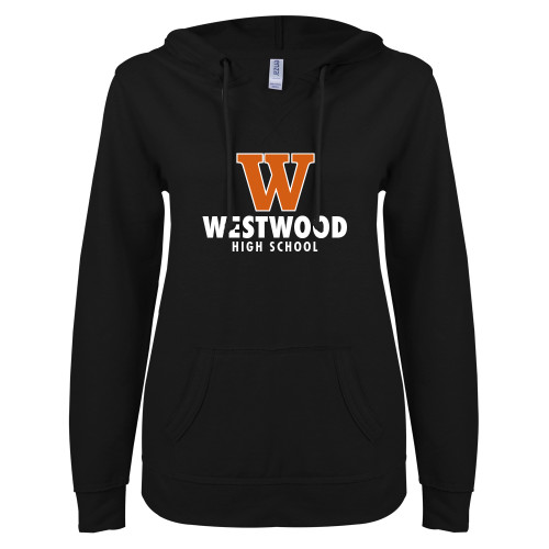  ENZA Womens Black V Notch Raw Edge Fleece Hoodie - W Westwood High School Stacked