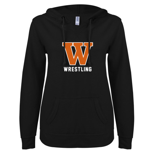  ENZA Womens Black V Notch Raw Edge Fleece Hoodie - Wrestling