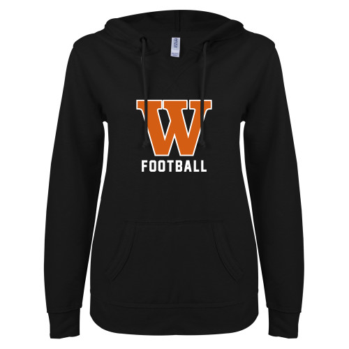  ENZA Womens Black V Notch Raw Edge Fleece Hoodie - Football
