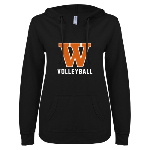  ENZA Womens Black V Notch Raw Edge Fleece Hoodie - Volleyball