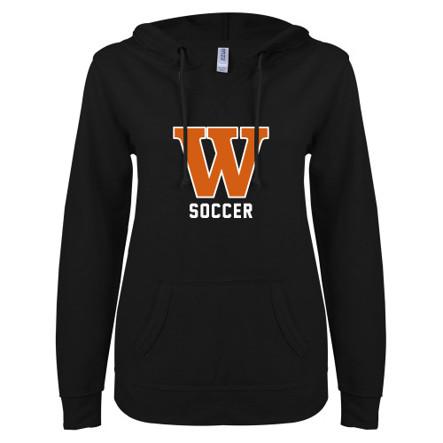  ENZA Womens Black V Notch Raw Edge Fleece Hoodie - Soccer