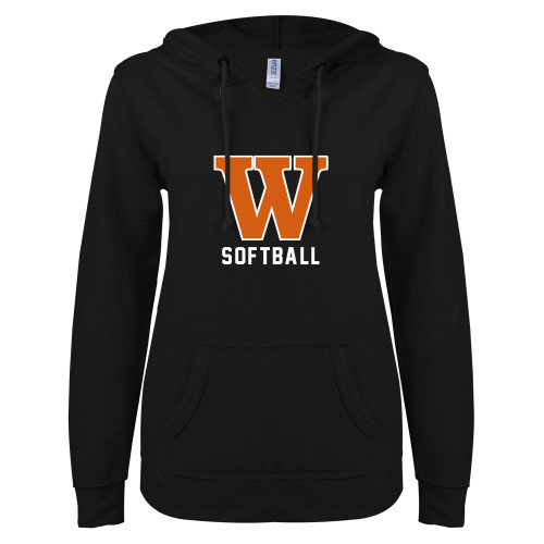  ENZA Womens Black V Notch Raw Edge Fleece Hoodie - Softball