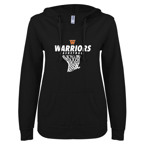  ENZA Womens Black V Notch Raw Edge Fleece Hoodie - Basketball Net