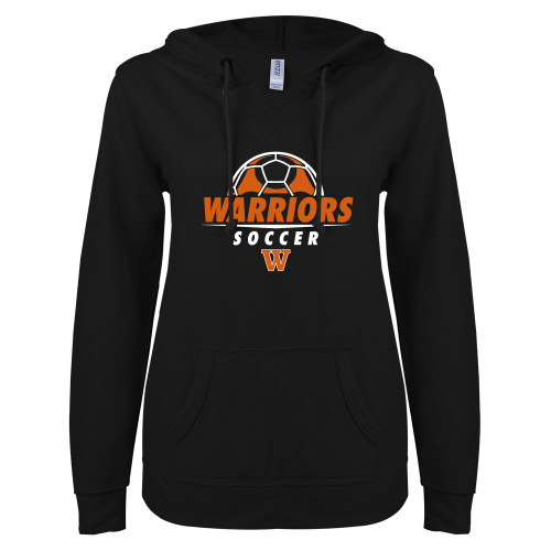  ENZA Womens Black V Notch Raw Edge Fleece Hoodie - Soccer Ball