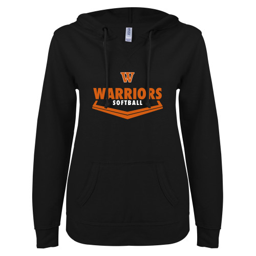  ENZA Womens Black V Notch Raw Edge Fleece Hoodie - Softball Plate