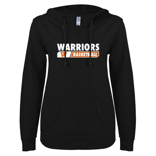  ENZA Womens Black V Notch Raw Edge Fleece Hoodie - Basketball In Bar