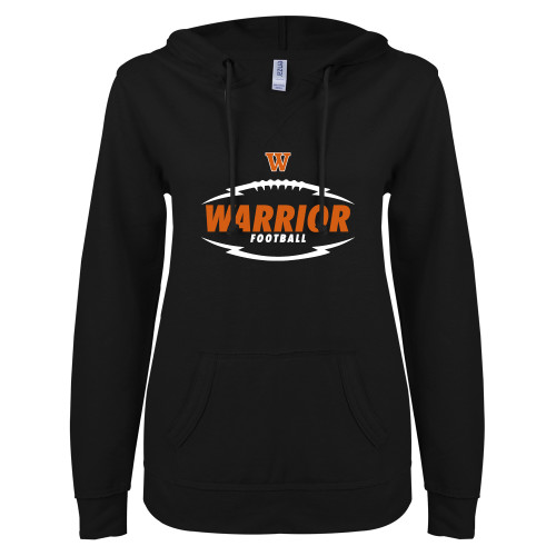  ENZA Womens Black V Notch Raw Edge Fleece Hoodie - Lightening Football