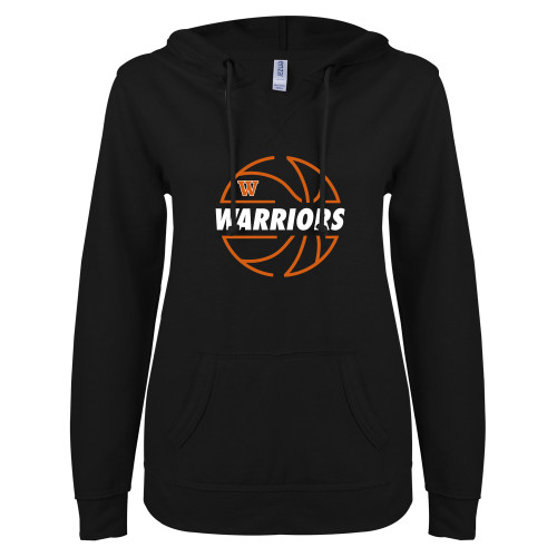  ENZA Womens Black V Notch Raw Edge Fleece Hoodie - Basketball