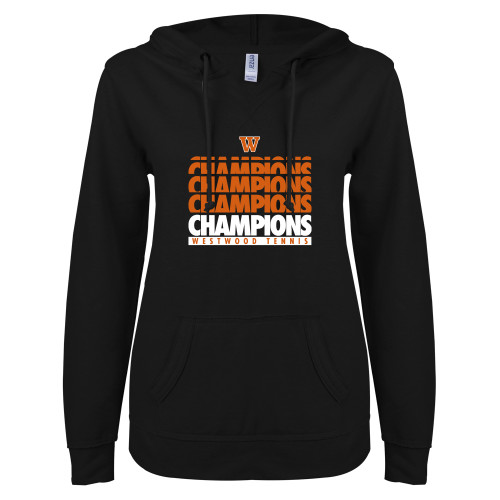  ENZA Womens Black V Notch Raw Edge Fleece Hoodie - Tennis Champions Repeating