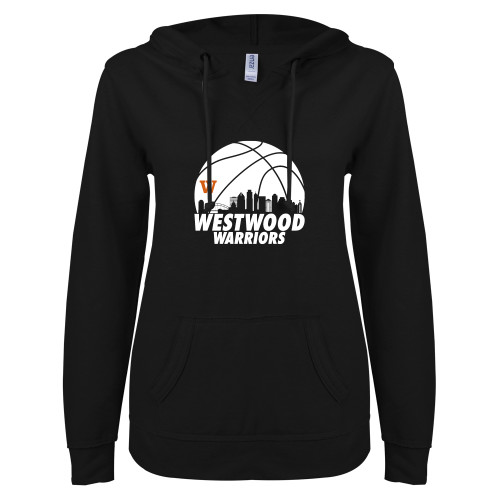  ENZA Womens Black V Notch Raw Edge Fleece Hoodie - Skyline in Basketball