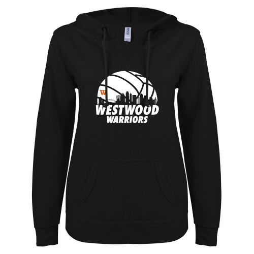  ENZA Womens Black V Notch Raw Edge Fleece Hoodie - Skyline in Volleyball