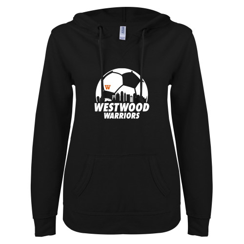  ENZA Womens Black V Notch Raw Edge Fleece Hoodie - Skyline in Soccer Ball