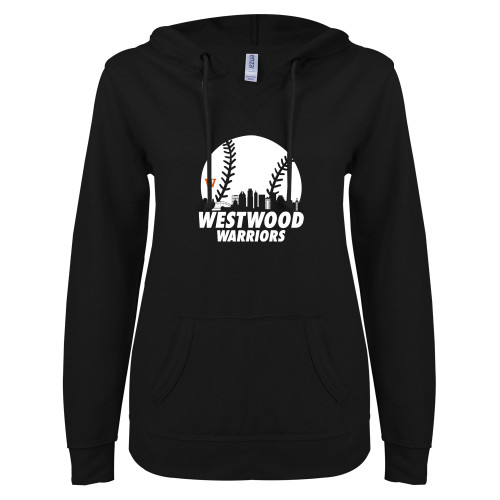  ENZA Womens Black V Notch Raw Edge Fleece Hoodie - Skyline in Baseball