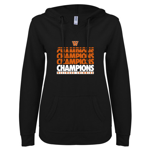  ENZA Womens Black V Notch Raw Edge Fleece Hoodie - Swimming Champions Repeating
