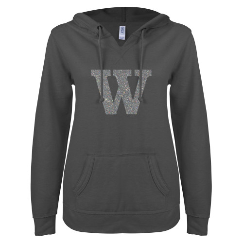  ENZA Womens Dark Heather V Notch Raw Edge Fleece Hoodie - A Silver Soft Glitter