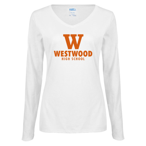  Womens White Long Sleeve V Neck Tee - W Westwood High School Stacked