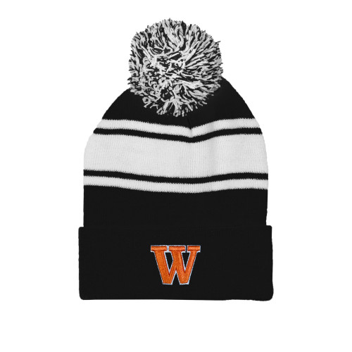  Black/White Two Tone Knit Pom Beanie w/Cuff - W