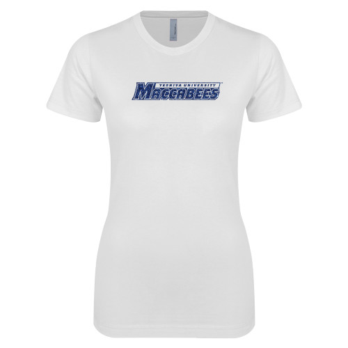  Next Level Womens White Boyfriend Tee - Yeshiva University Maccabees Dark Blue Glitter