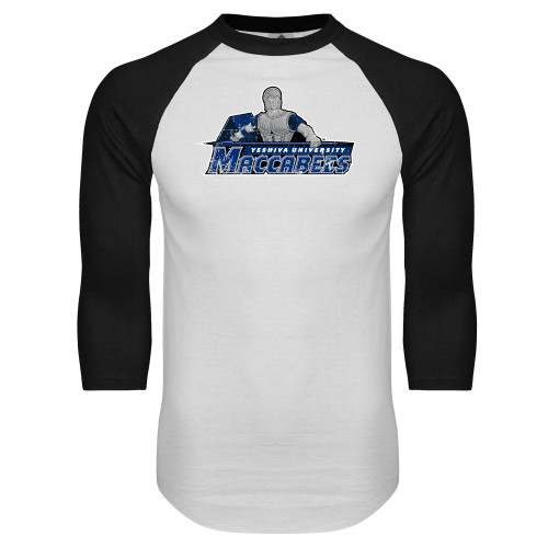  White/Black Raglan Baseball T Shirt - Primary Logo Distressed