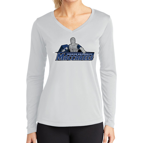  Womens White Performance Long Sleeve V Neck Shirt - Primary Logo