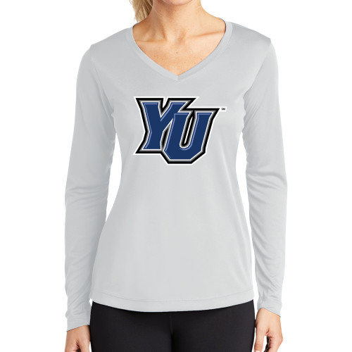  Womens White Performance Long Sleeve V Neck Shirt - YU