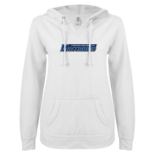  ENZA Womens White V Notch Raw Edge Fleece Hoodie - Yeshiva University Maccabees