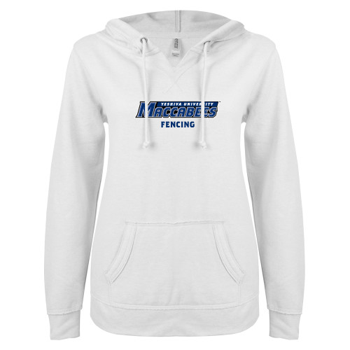  ENZA Womens White V Notch Raw Edge Fleece Hoodie - Fencing