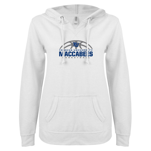  ENZA Womens White V Notch Raw Edge Fleece Hoodie - Maccabees Basketball Half Ball