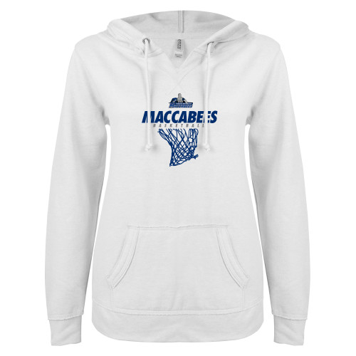  ENZA Womens White V Notch Raw Edge Fleece Hoodie - Maccabees Basketball Net