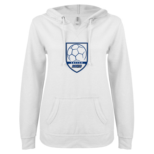  ENZA Womens White V Notch Raw Edge Fleece Hoodie - Maccabees Soccer Shield