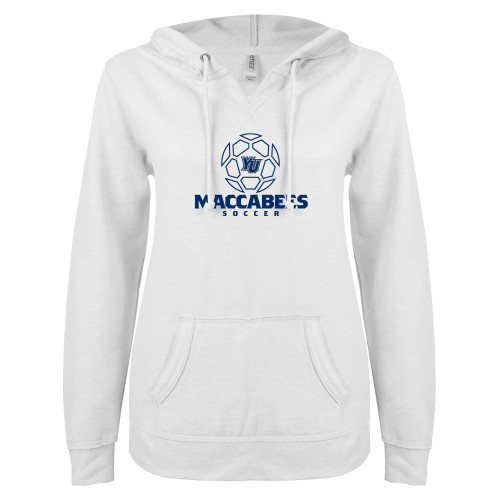  ENZA Womens White V Notch Raw Edge Fleece Hoodie - Maccabees Soccer Lined Ball